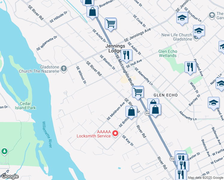 map of restaurants, bars, coffee shops, grocery stores, and more near 4815 Southeast River Drive in Milwaukie
