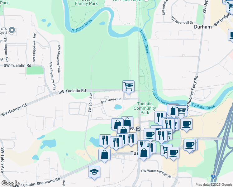 map of restaurants, bars, coffee shops, grocery stores, and more near 15094 SW Tualatin Rd in Tualatin