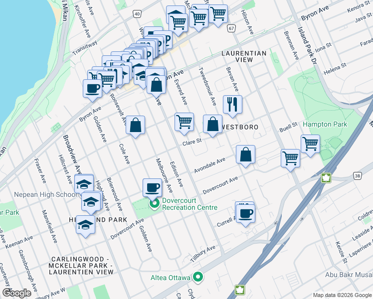 map of restaurants, bars, coffee shops, grocery stores, and more near 554 Highcroft Avenue in Ottawa