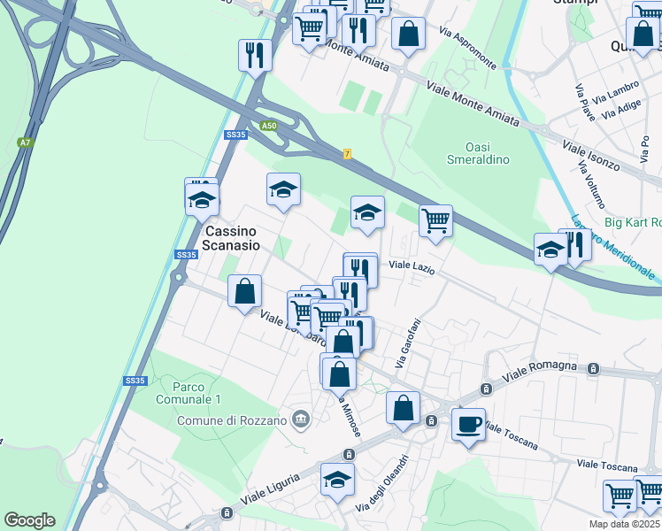 map of restaurants, bars, coffee shops, grocery stores, and more near 65 Via Torino in Rozzano