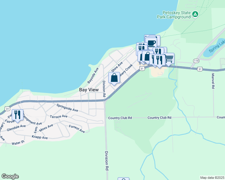 map of restaurants, bars, coffee shops, grocery stores, and more near 1011 U.S. 31 in Petoskey