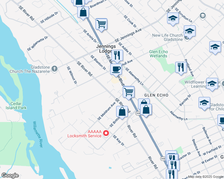 map of restaurants, bars, coffee shops, grocery stores, and more near 18810 Southeast River Road in Milwaukie