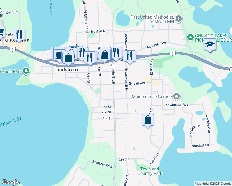 map of restaurants, bars, coffee shops, grocery stores, and more near 30315 Olinda Trail in Lindstrom