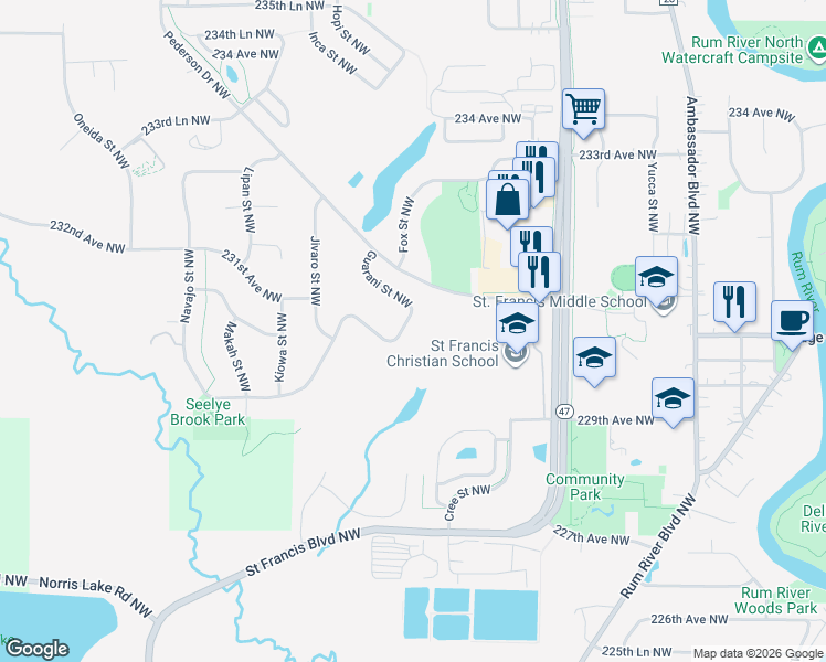 map of restaurants, bars, coffee shops, grocery stores, and more near 23039 Guarani Street Northwest in Saint Francis