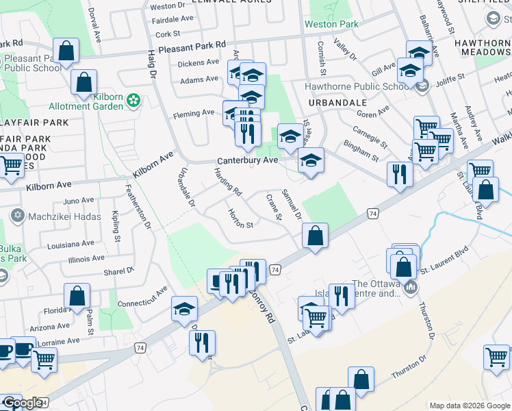 map of restaurants, bars, coffee shops, grocery stores, and more near in Ottawa