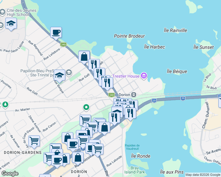 map of restaurants, bars, coffee shops, grocery stores, and more near Rue Adèle in Vaudreuil-Dorion