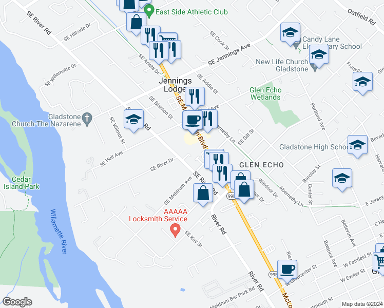map of restaurants, bars, coffee shops, grocery stores, and more near 18812 Southeast River Road in Milwaukie