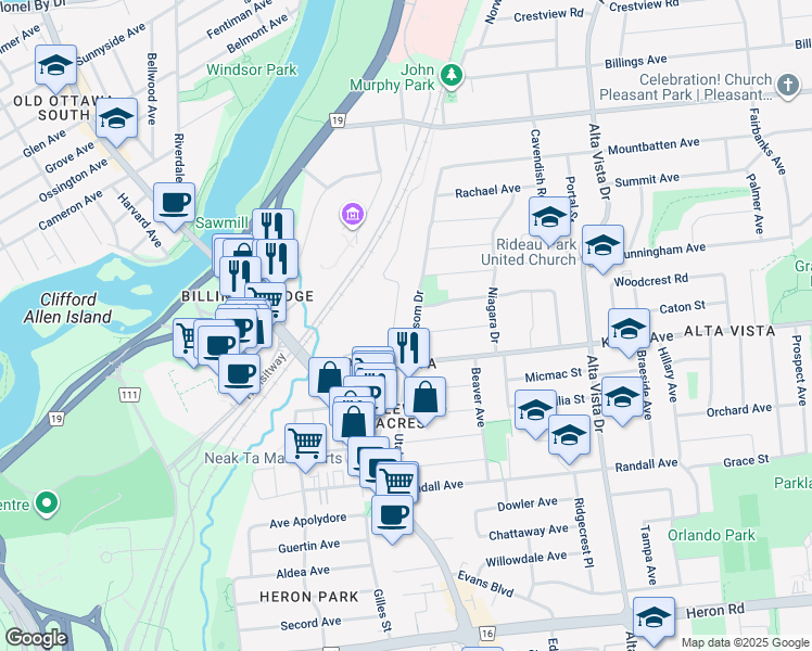 map of restaurants, bars, coffee shops, grocery stores, and more near 2170 Blossom Drive in Ottawa
