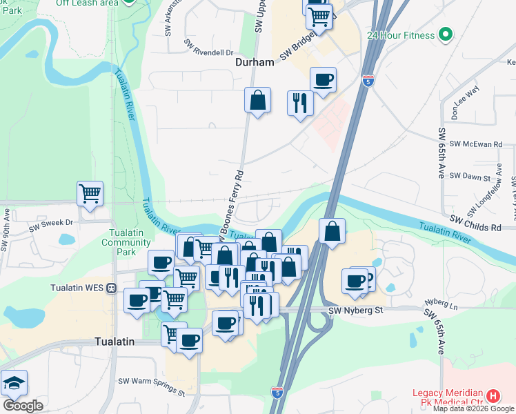 map of restaurants, bars, coffee shops, grocery stores, and more near 18480 SW Boones Ferry Rd in Durham