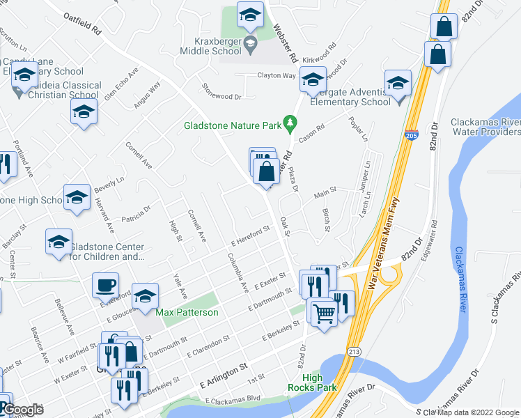 map of restaurants, bars, coffee shops, grocery stores, and more near 780 Heather Way in Gladstone