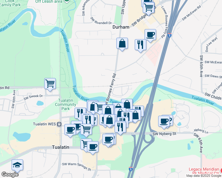 map of restaurants, bars, coffee shops, grocery stores, and more near 18350 Southwest Boones Ferry Road in Portland
