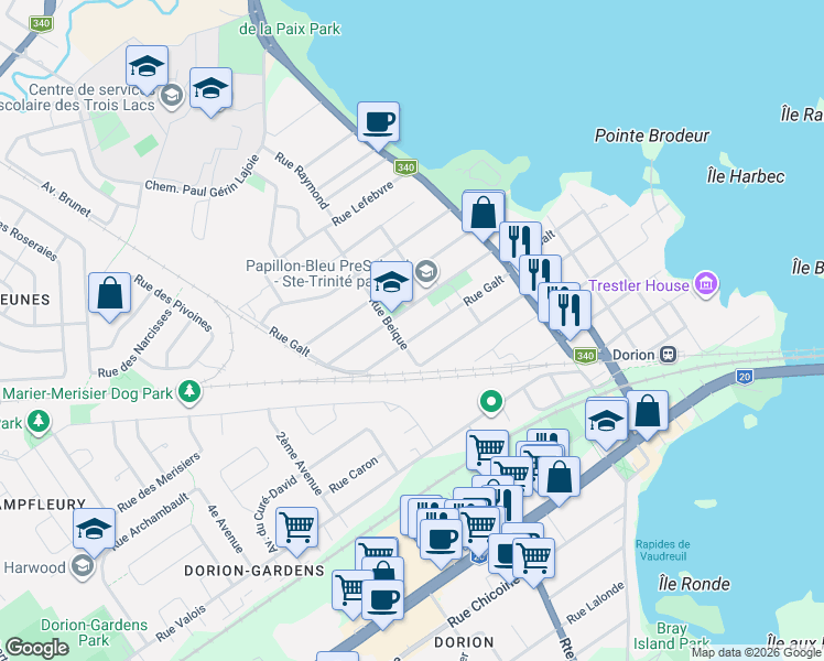 map of restaurants, bars, coffee shops, grocery stores, and more near 215 Rue Galt in Vaudreuil-Dorion
