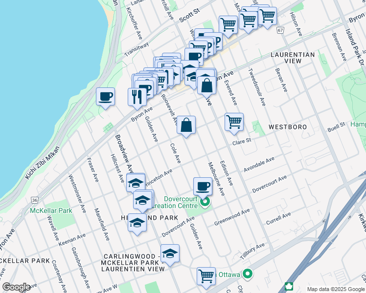map of restaurants, bars, coffee shops, grocery stores, and more near in Ottawa
