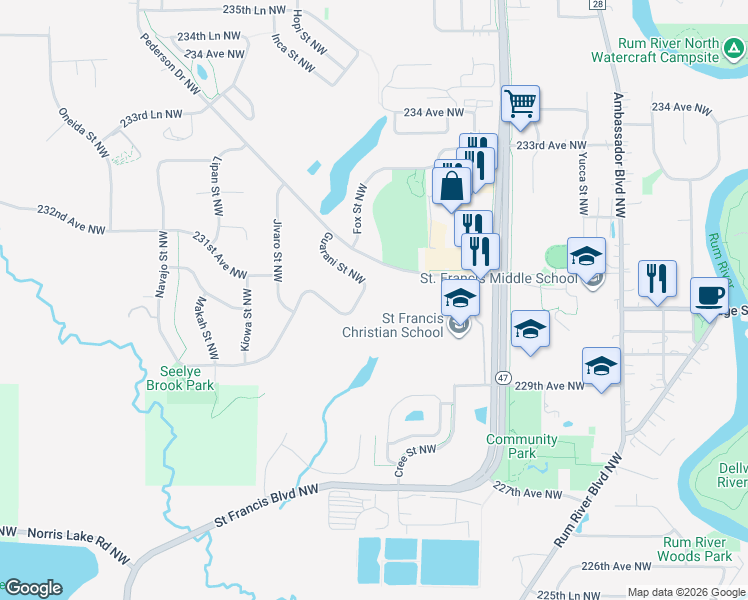 map of restaurants, bars, coffee shops, grocery stores, and more near 23039 Guarani Street Northwest in Saint Francis