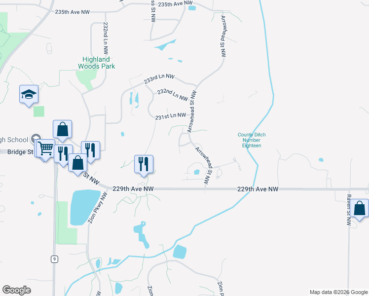 map of restaurants, bars, coffee shops, grocery stores, and more near 2760 230th Lane Northwest in Saint Francis