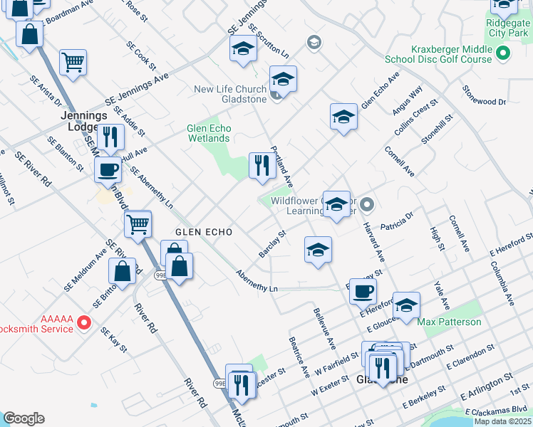 map of restaurants, bars, coffee shops, grocery stores, and more near 5940 Southeast Sladen Avenue in Gladstone