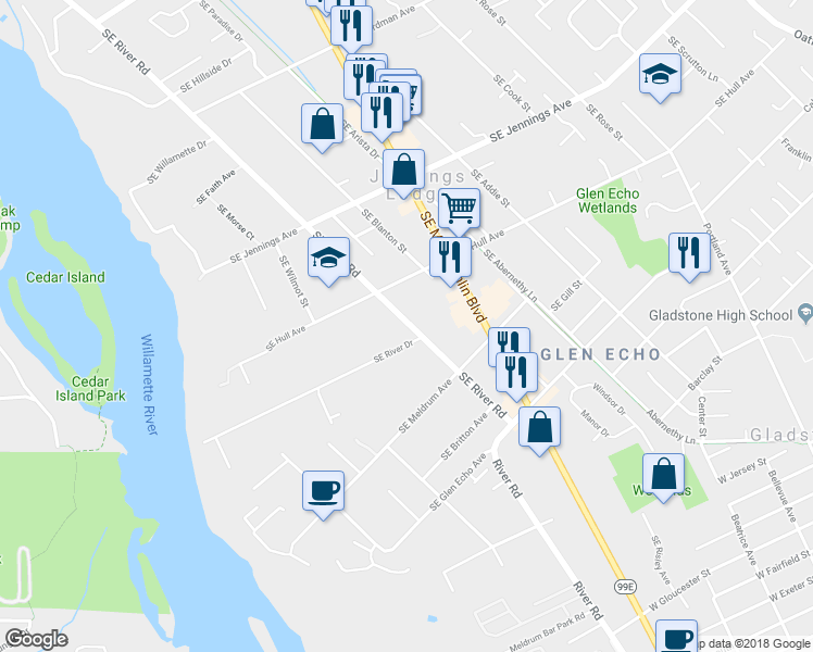 map of restaurants, bars, coffee shops, grocery stores, and more near 4815 Southeast River Drive in Milwaukie