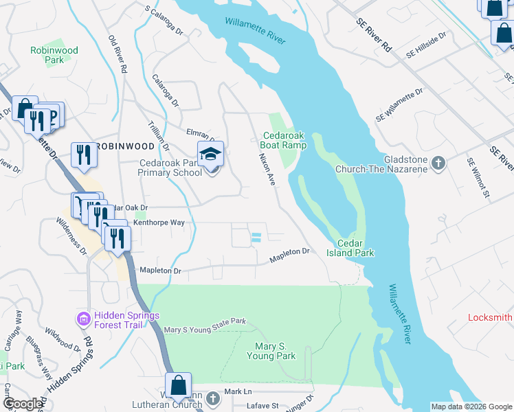map of restaurants, bars, coffee shops, grocery stores, and more near 4445 Kenthorpe Way in West Linn