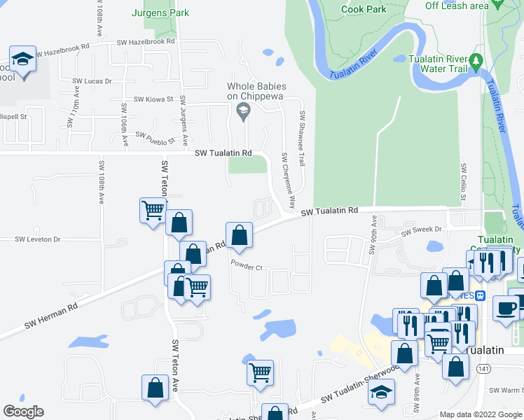 map of restaurants, bars, coffee shops, grocery stores, and more near 45 Southwest Herman Road in Tualatin