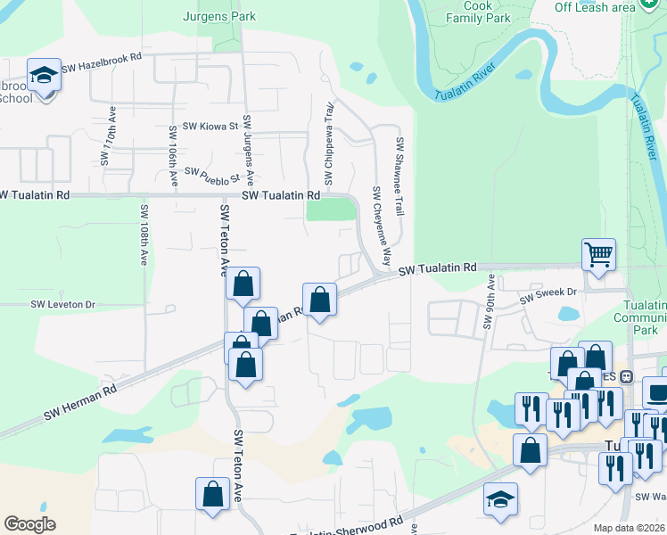 map of restaurants, bars, coffee shops, grocery stores, and more near 45 Southwest Herman Road in Tualatin