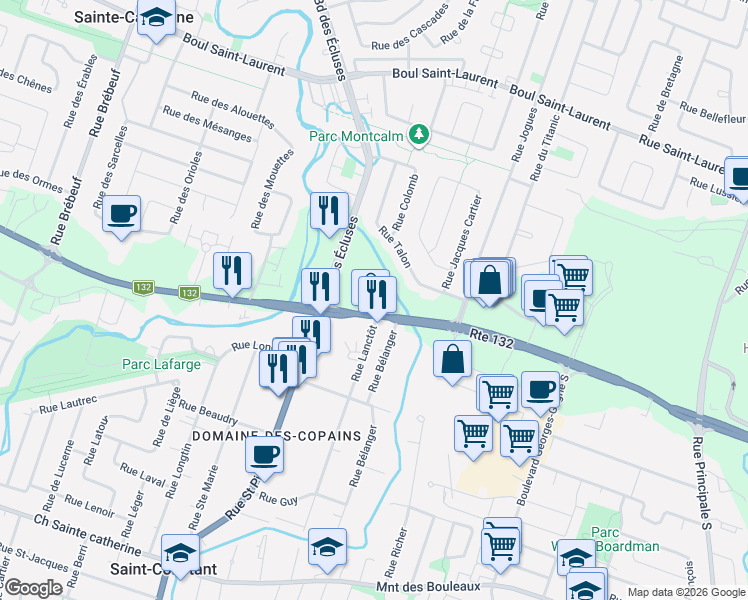 map of restaurants, bars, coffee shops, grocery stores, and more near 3708 Québec 132 in Sainte-Catherine
