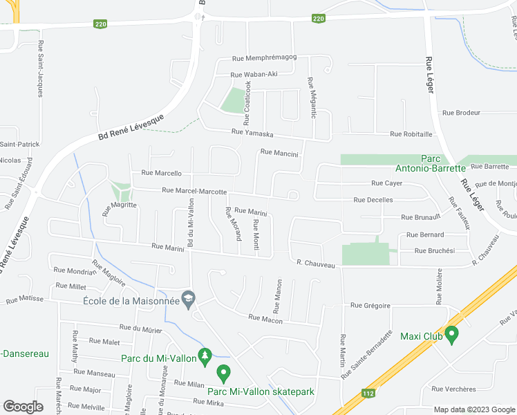 map of restaurants, bars, coffee shops, grocery stores, and more near 1238 Rue Marini in Sherbrooke