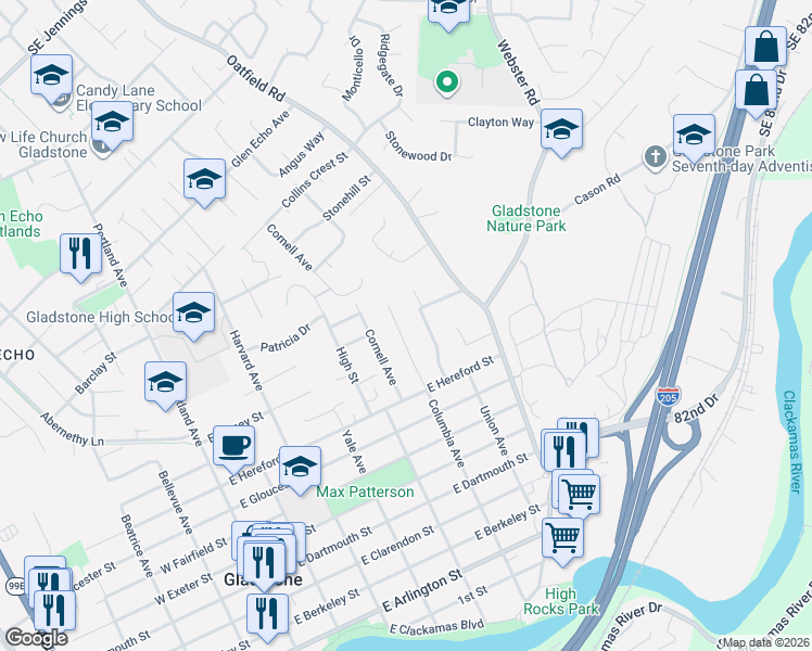 map of restaurants, bars, coffee shops, grocery stores, and more near 1065 Columbia Avenue in Gladstone