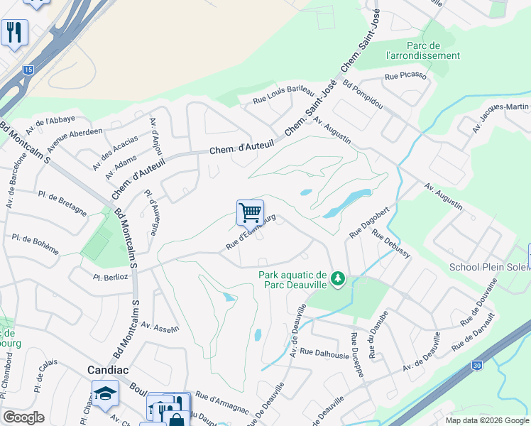 map of restaurants, bars, coffee shops, grocery stores, and more near 32 Rue d'Edimbourg in Candiac