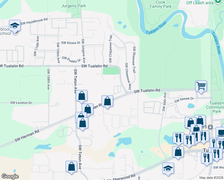 map of restaurants, bars, coffee shops, grocery stores, and more near 45 Southwest Herman Road in Tualatin