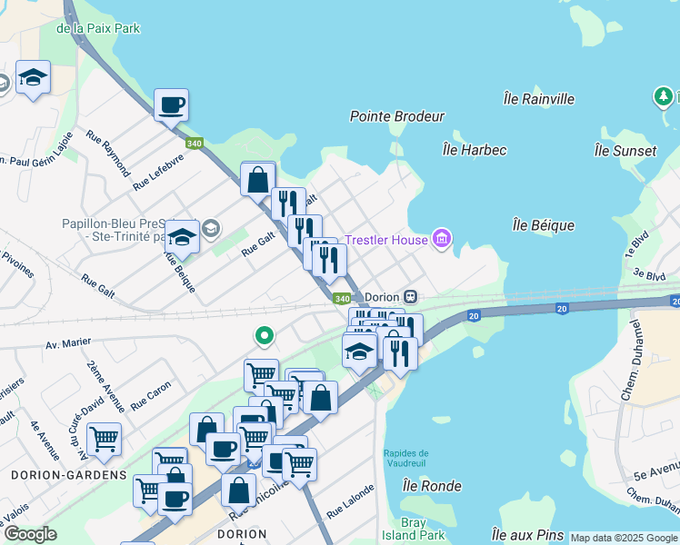 map of restaurants, bars, coffee shops, grocery stores, and more near Rue Adèle in Vaudreuil-Dorion