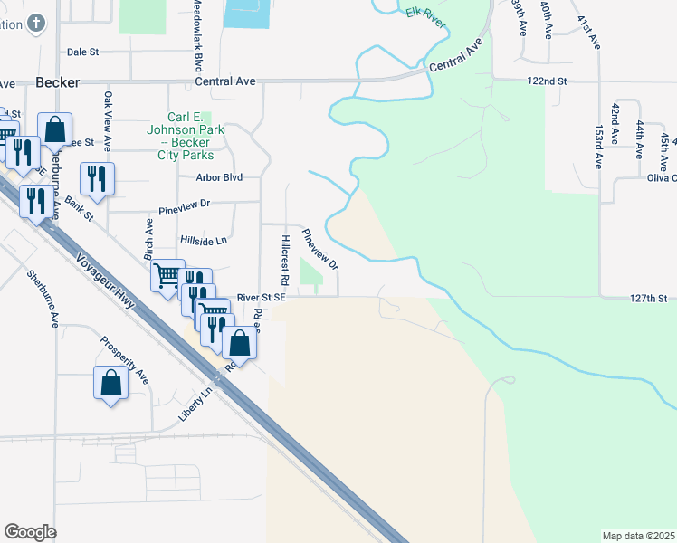 map of restaurants, bars, coffee shops, grocery stores, and more near 14829 Pineview Drive in Becker