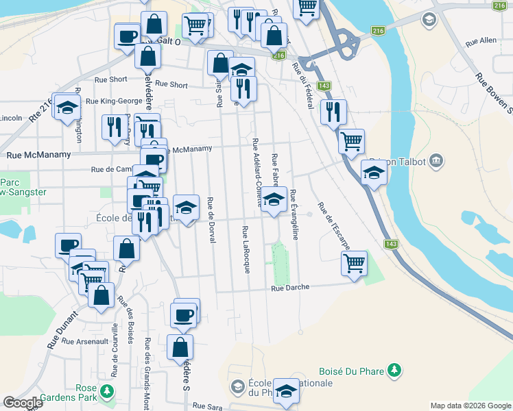 map of restaurants, bars, coffee shops, grocery stores, and more near 1265 Rue Adélard-Collette in Sherbrooke
