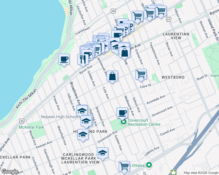 map of restaurants, bars, coffee shops, grocery stores, and more near in Ottawa
