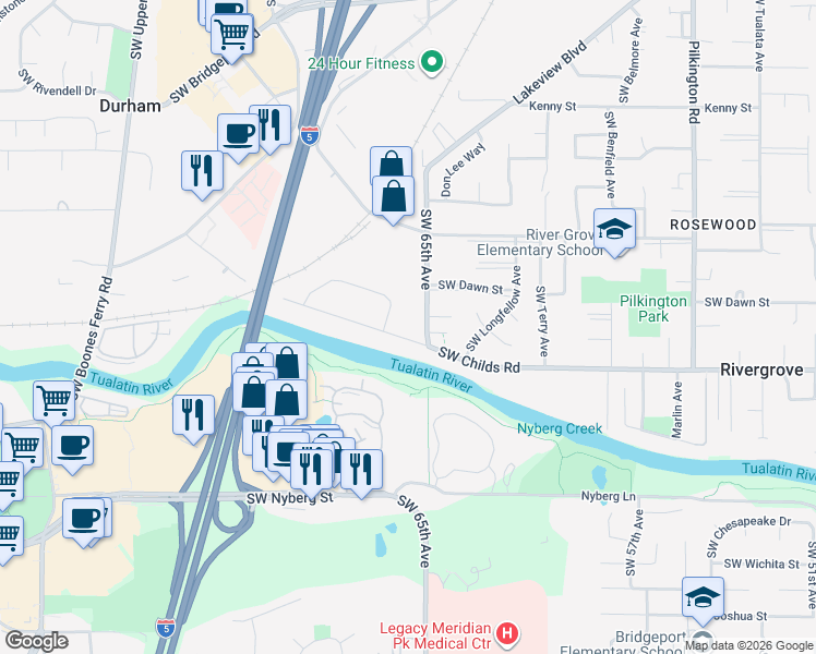map of restaurants, bars, coffee shops, grocery stores, and more near 6697 Childs Road in Lake Oswego