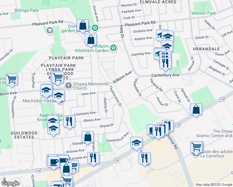 map of restaurants, bars, coffee shops, grocery stores, and more near 2082 Featherston Drive in Ottawa