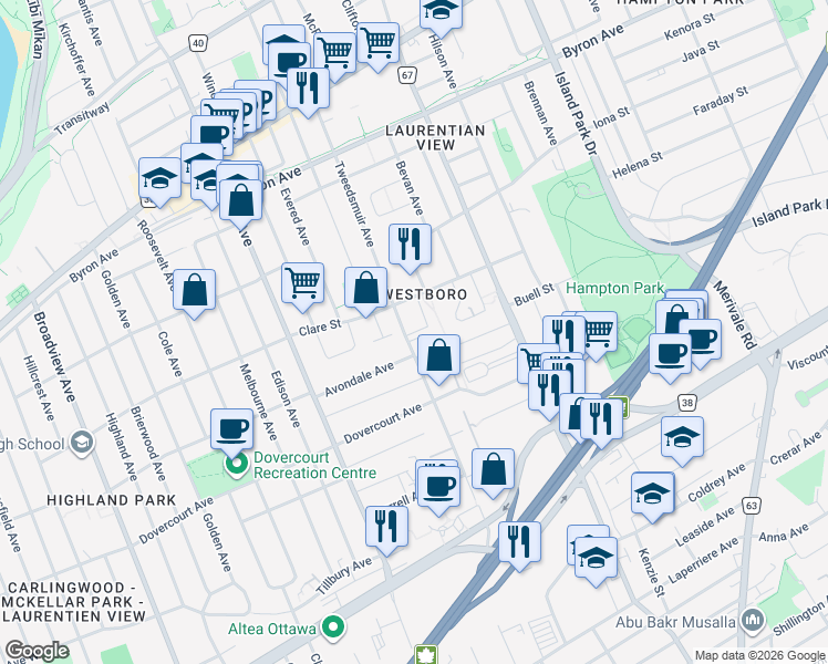 map of restaurants, bars, coffee shops, grocery stores, and more near in Ottawa