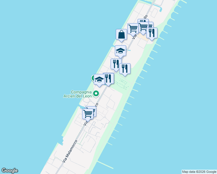 map of restaurants, bars, coffee shops, grocery stores, and more near 5 Via Bernardino Stagnino in Lido