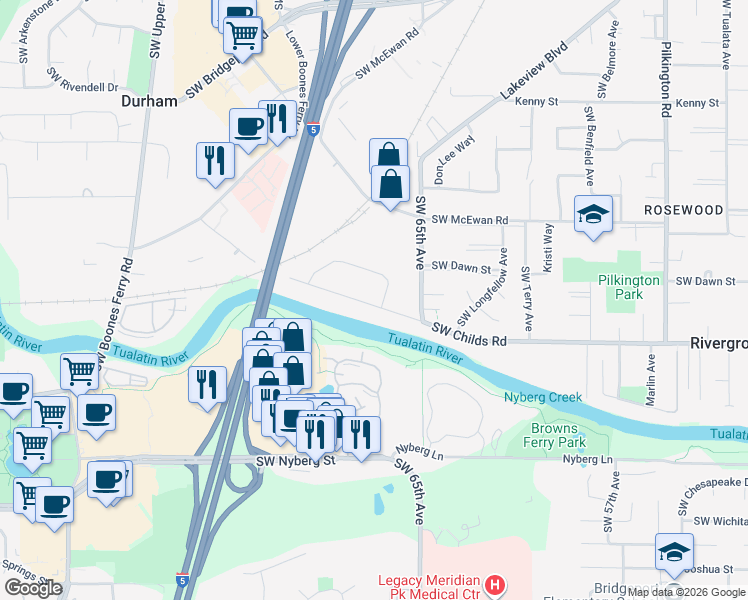 map of restaurants, bars, coffee shops, grocery stores, and more near 6803 Childs Road in Lake Oswego