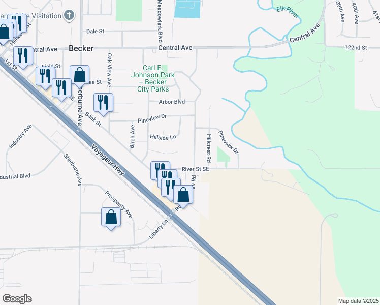 map of restaurants, bars, coffee shops, grocery stores, and more near 12697 Rolling Ridge Road in Becker