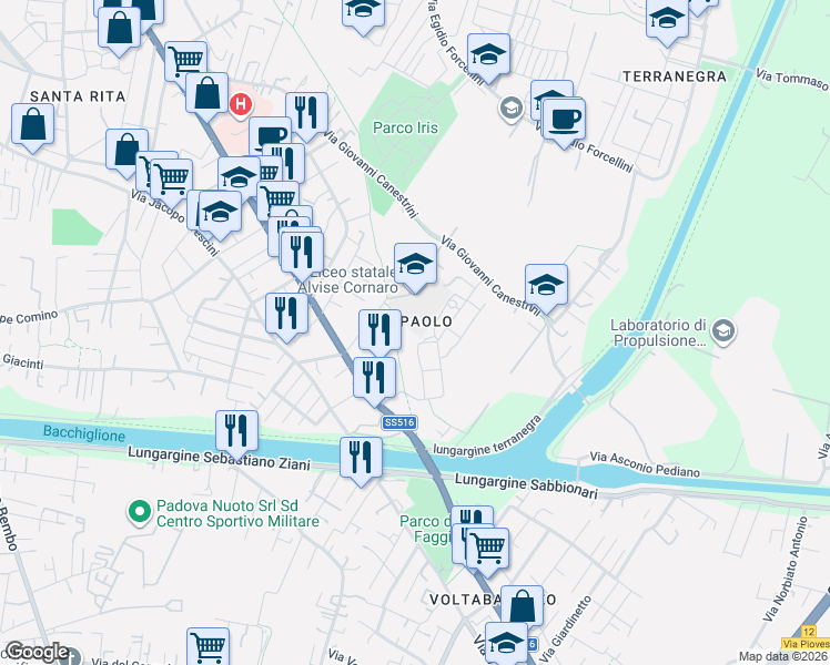map of restaurants, bars, coffee shops, grocery stores, and more near 36A Via Lando Landucci in Padova