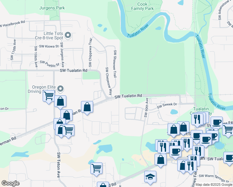 map of restaurants, bars, coffee shops, grocery stores, and more near 9500 Southwest Tualatin Road in Tualatin