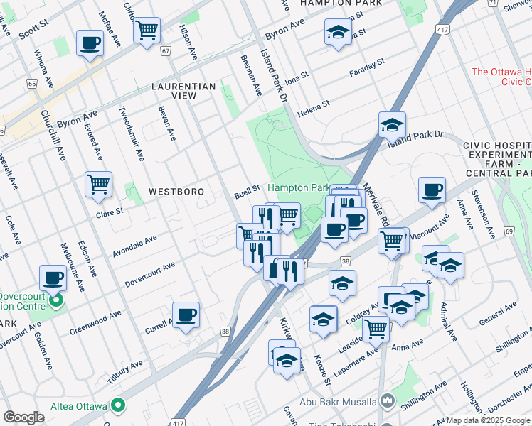 map of restaurants, bars, coffee shops, grocery stores, and more near 648 Parkview Road in Ottawa