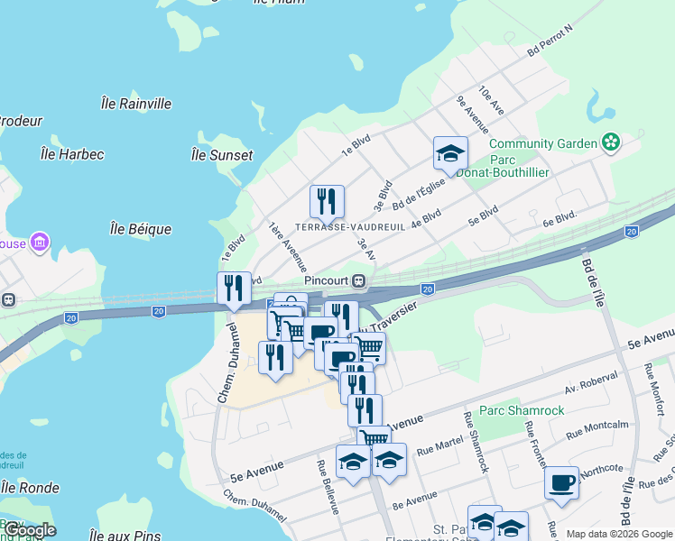 map of restaurants, bars, coffee shops, grocery stores, and more near 64 Boulevard 4e in Montérégie