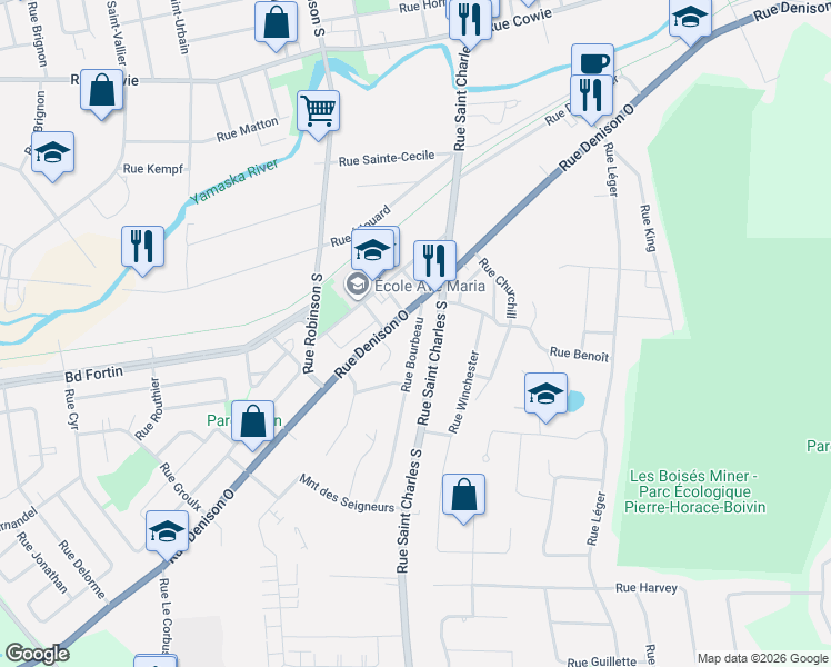map of restaurants, bars, coffee shops, grocery stores, and more near 408 Rue Bourbeau in Granby