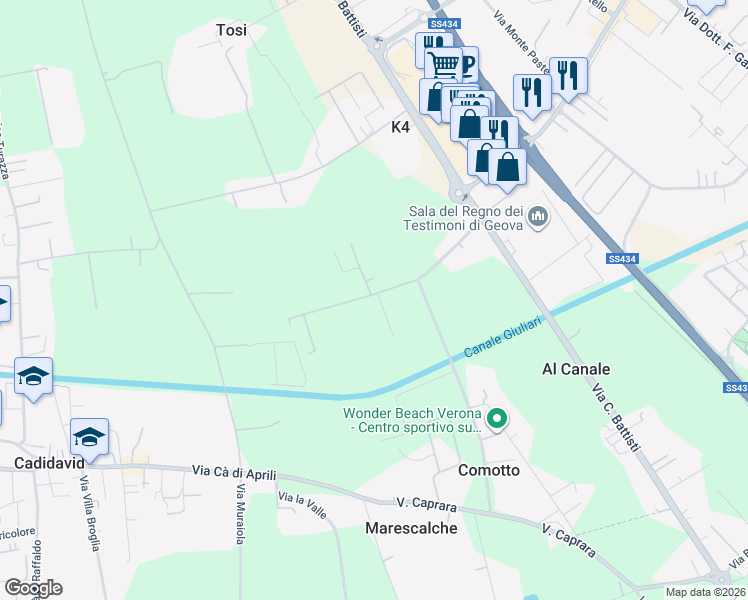 map of restaurants, bars, coffee shops, grocery stores, and more near 100 Via Rodigina in Provincia di Verona