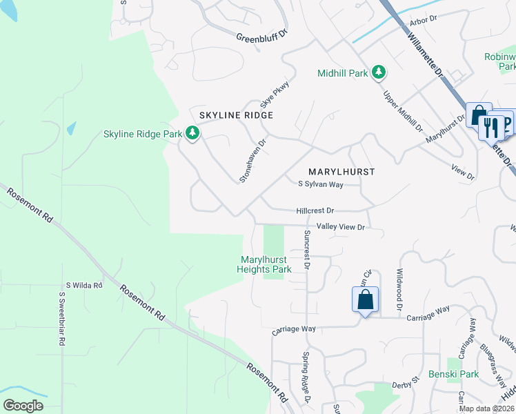 map of restaurants, bars, coffee shops, grocery stores, and more near 1010 Marylhurst Drive in West Linn