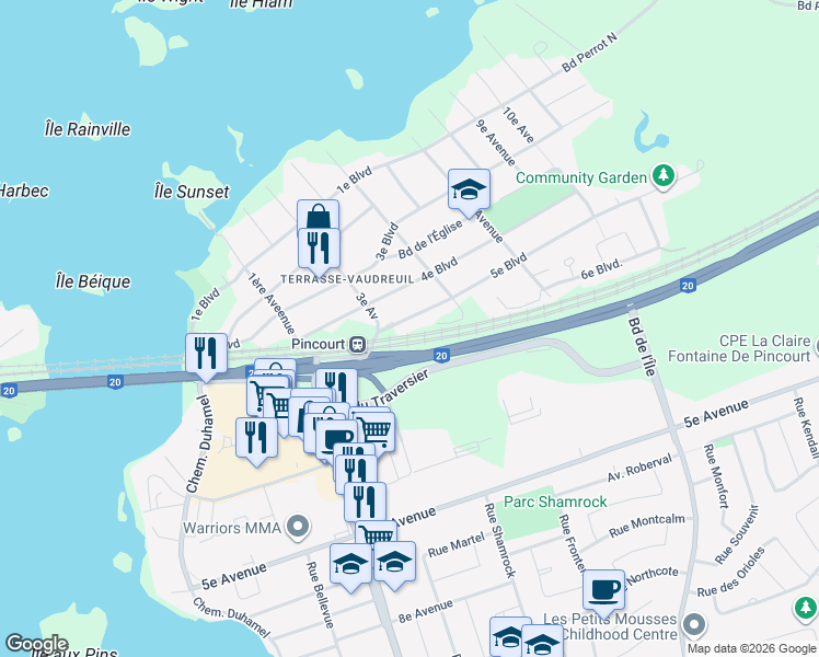map of restaurants, bars, coffee shops, grocery stores, and more near in Vaudreuil-Soulanges Regional County Municipality