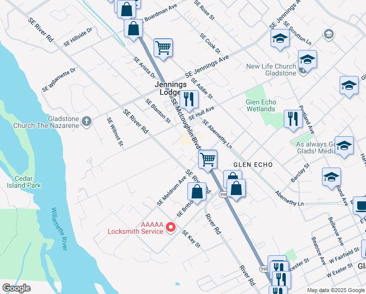 map of restaurants, bars, coffee shops, grocery stores, and more near 18810 Southeast River Road in Milwaukie