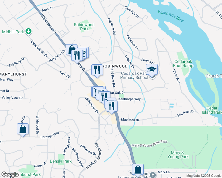 map of restaurants, bars, coffee shops, grocery stores, and more near 3595 Cedaroak Drive in West Linn