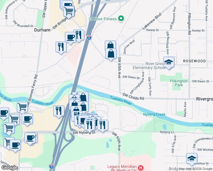 map of restaurants, bars, coffee shops, grocery stores, and more near 6820 Childs Road in Lake Oswego